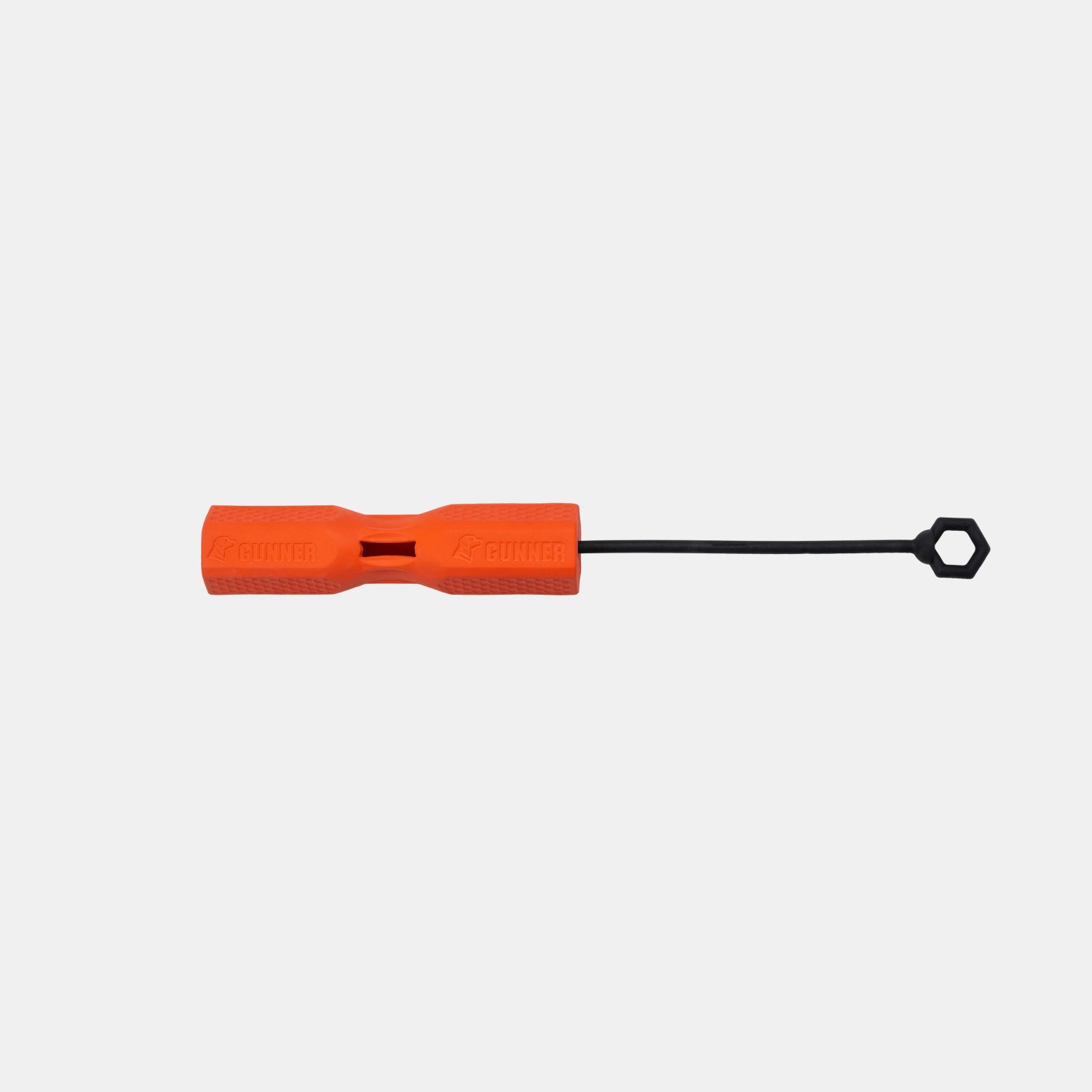 A GUNNER BUMPER by GUNNER—an orange plastic handle connected to a long black rod with a hexagonal loop at the end, shown against a plain white background—demonstrates how better tools can help you make the most of quality time with your dog.