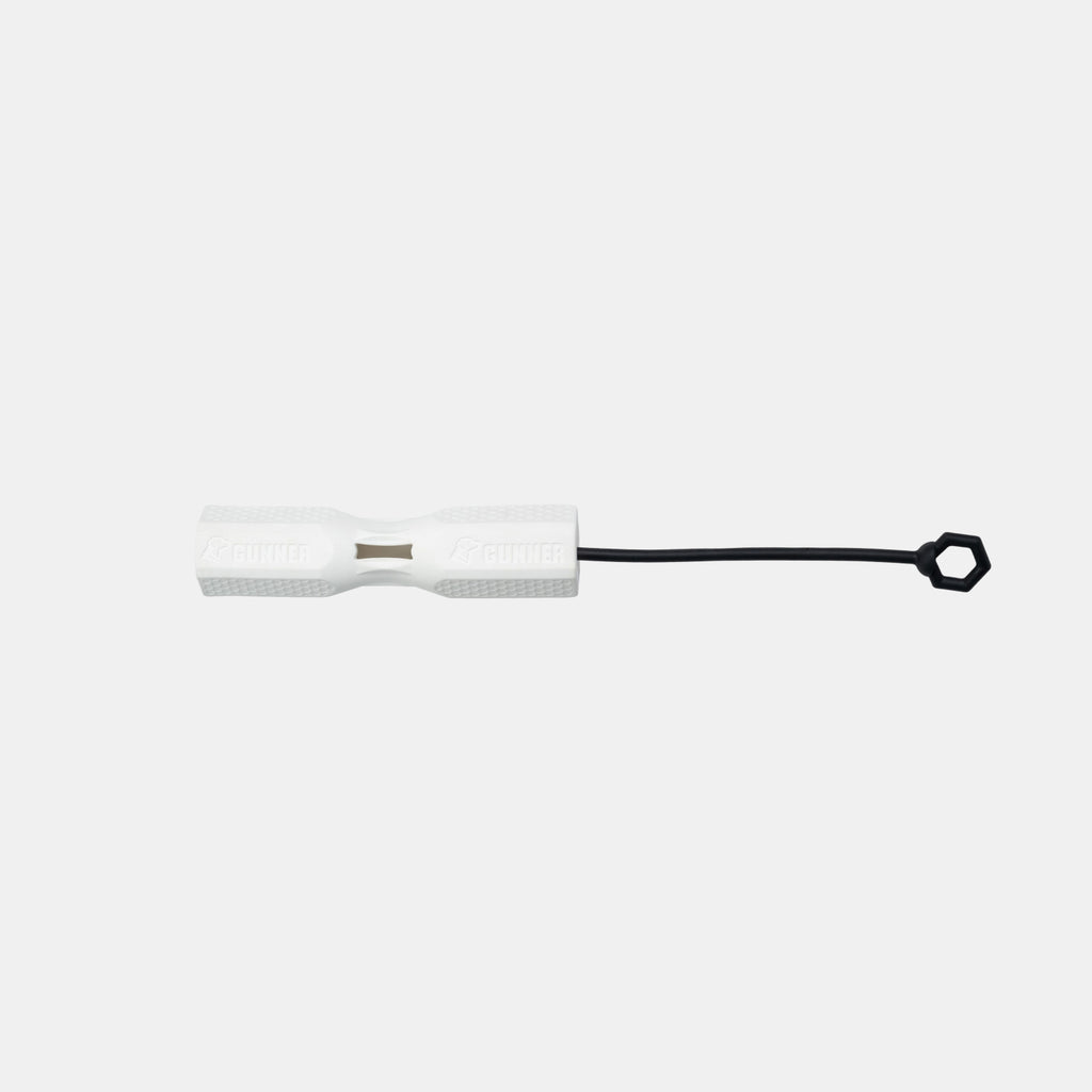 Introducing the GUNNER BUMPER by GUNNER—a white, cylindrical tool featuring a textured grip and a small rectangular cutout at its center. It comes with a black looped cord that ends in a hexagonal piece, thoughtfully designed to help you make the most of your valuable time. The product is set against a plain, light gray background.