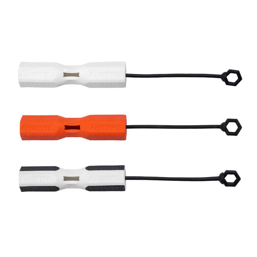 The GUNNER BUMPER by GUNNER features three textured, cylindrical handles in white and orange with black accents, each attaching to a black loop with a hexagonal end—perfect for strengthening your bond with your dog.
