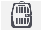 Icon of a kennel-style pet carrier with a handle on top and a barred door in front, viewed head-on. The dark gray dog crate stands out against the light background.
