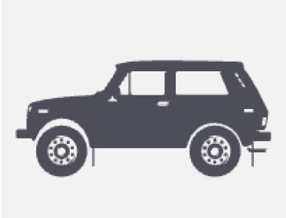 A simple, gray silhouette illustration of a compact SUV-style car with a dog crate in the back, shown from the side on a light gray background.