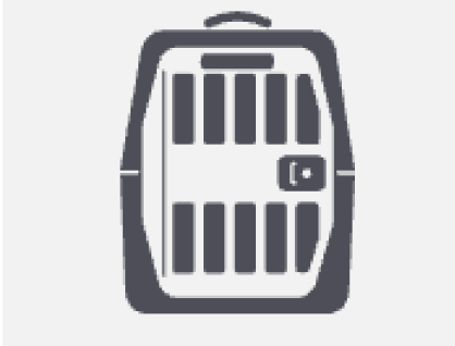 Simple black and white icon of a dog crate or pet carrier with a handle on top and a barred door on the front.