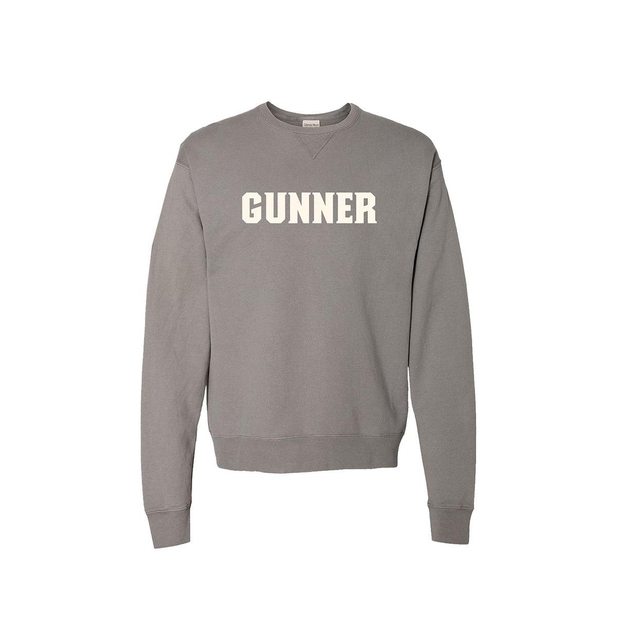 The GUNNER Crewneck is a cozy gray sweatshirt by GUNNER, featuring bold white GUNNER lettering, long sleeves, and ribbed collar, cuffs, and hem for comfort and wind resistance.