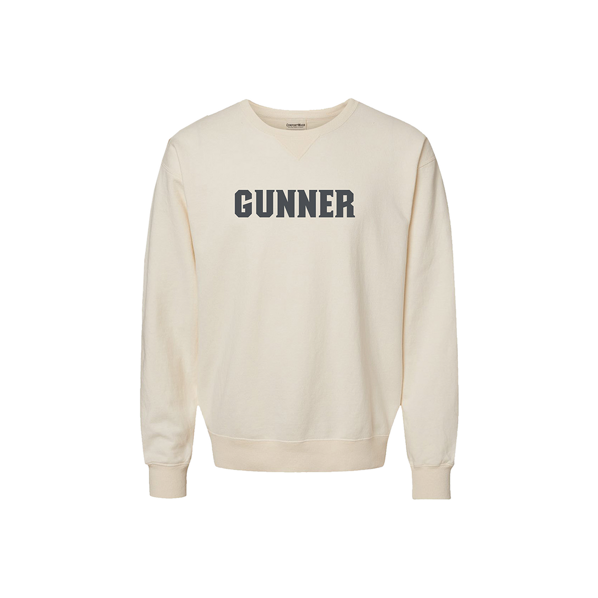 The GUNNER Crewneck by GUNNER is a warm, cream crewneck sweatshirt made with wind-resistant fabric and features bold, black uppercase “GUNNER” lettering on the chest. It’s shown against a plain white background.