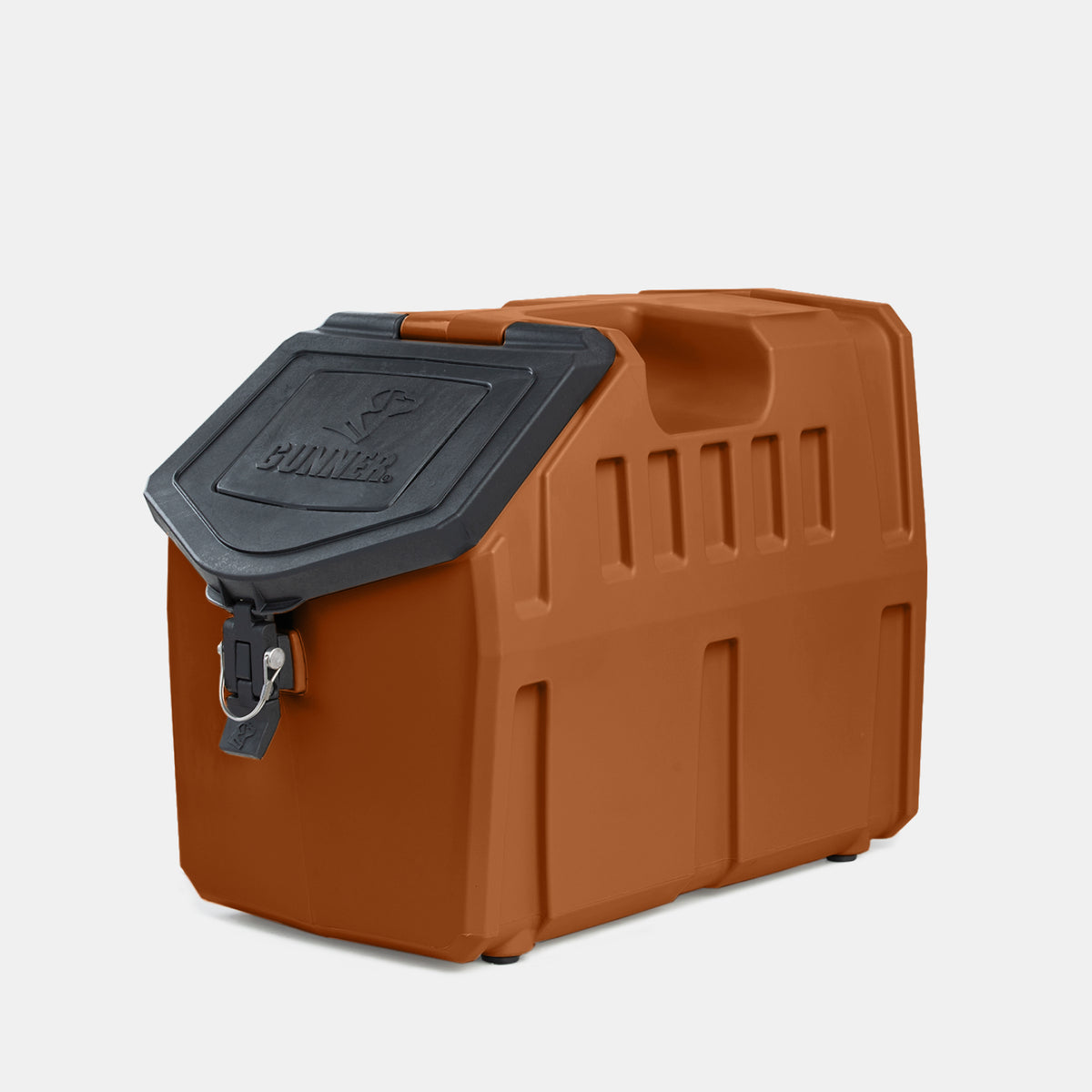 The GUNNER FOOD CRATE - Ducks Unlimited Orange by GUNNER is a durable, waterproof, and airtight dog food storage container with latch closure, carry handle, and textured black lid, shown on a light grey background.