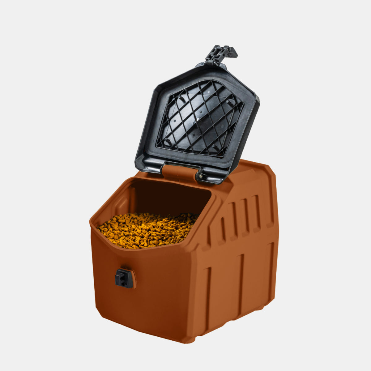 Brown plastic container filled with dry pet food, featuring a black, hinged lid that is open. Ideal for storing kibble alongside your kennel or dog crate, the container sits on a white background.