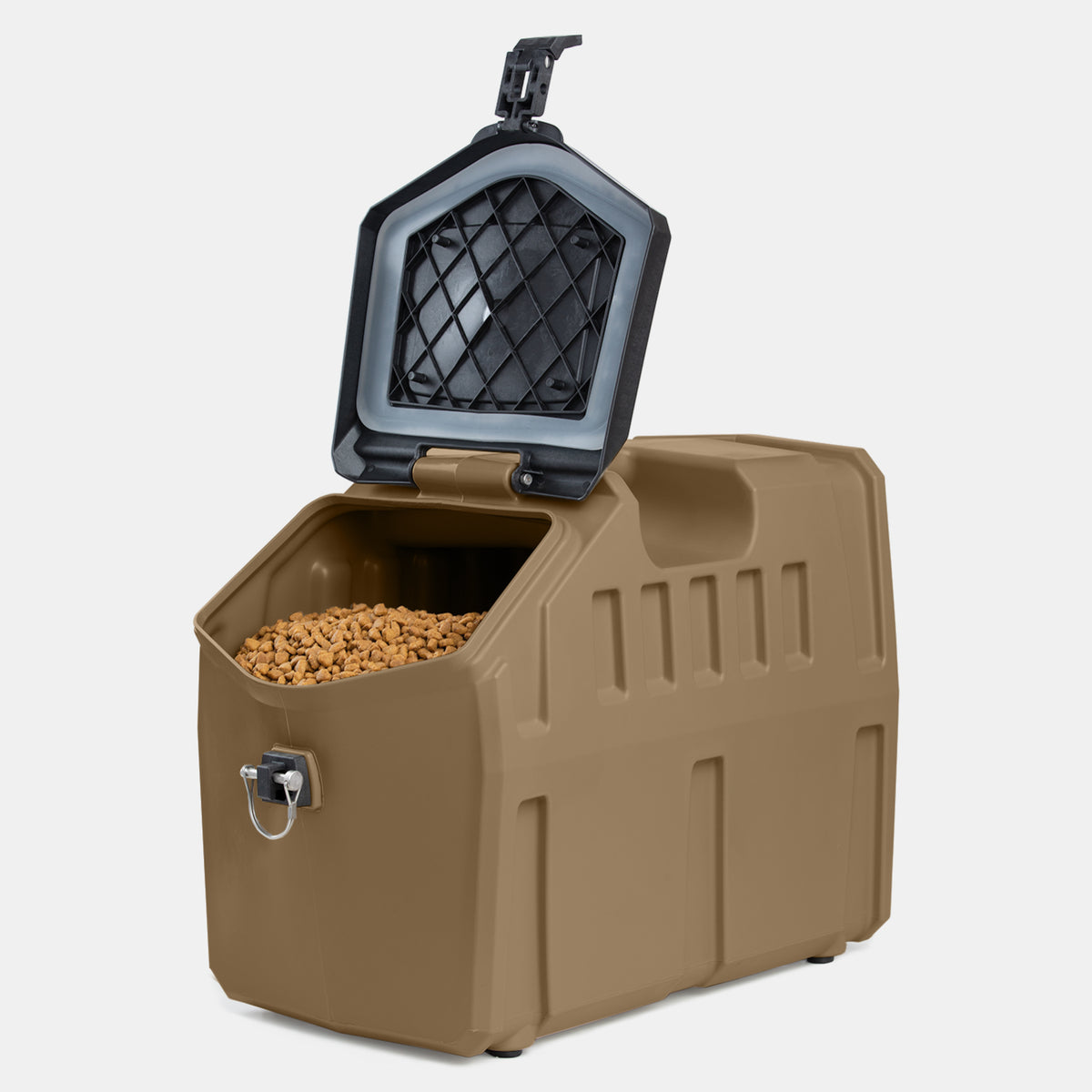 The GUNNER FOOD CRATE - Cheyenne Bottoms by GUNNER is a brown plastic, pest-proof dog food container filled with pet food. It features a front latch and an open lid with a black grid design, all set against a plain white background.