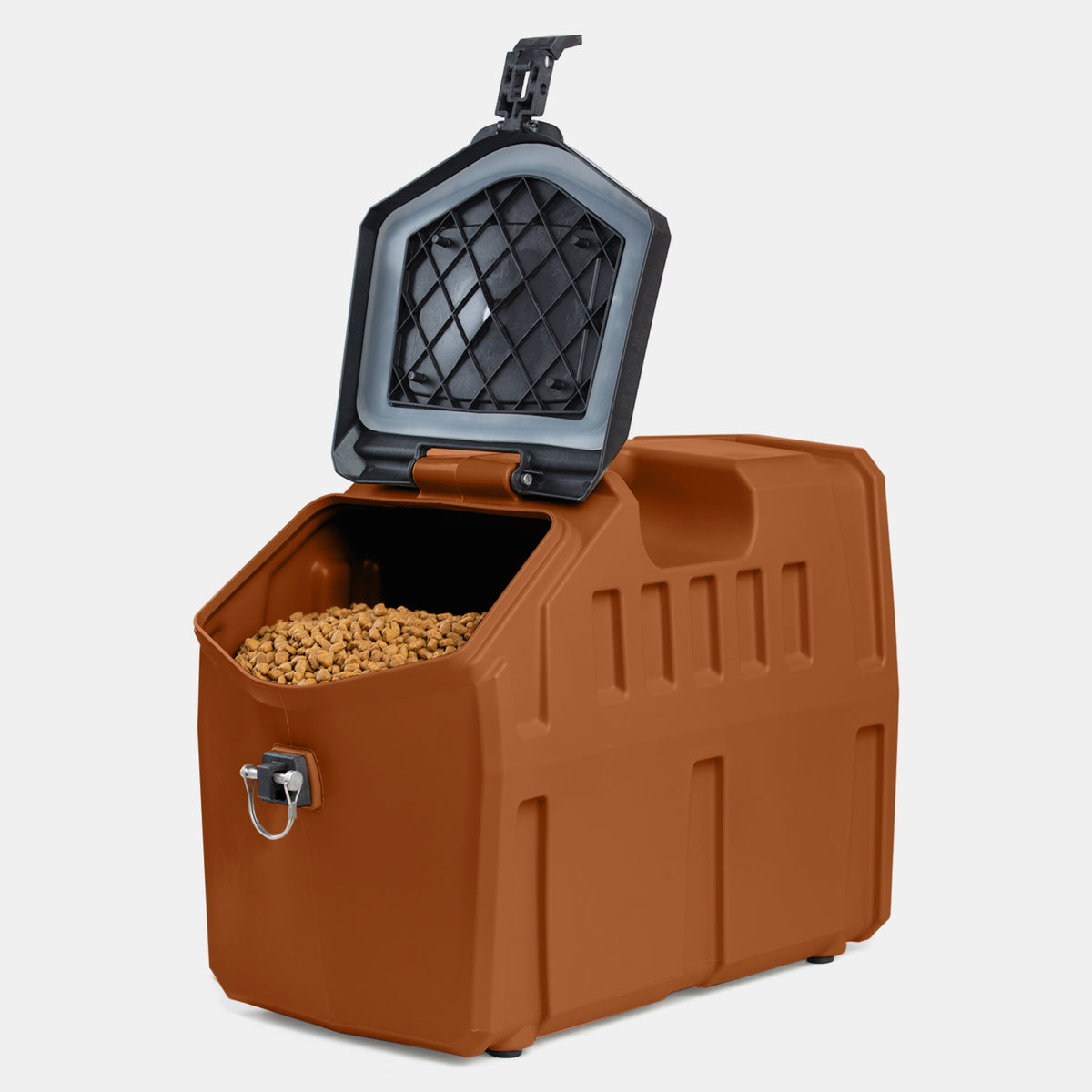 A brown plastic storage container filled with pet food, featuring a black hinged lid that is open and a metal latch on the front—perfect for keeping your kennel or dog crate organized for your hunting dog.
