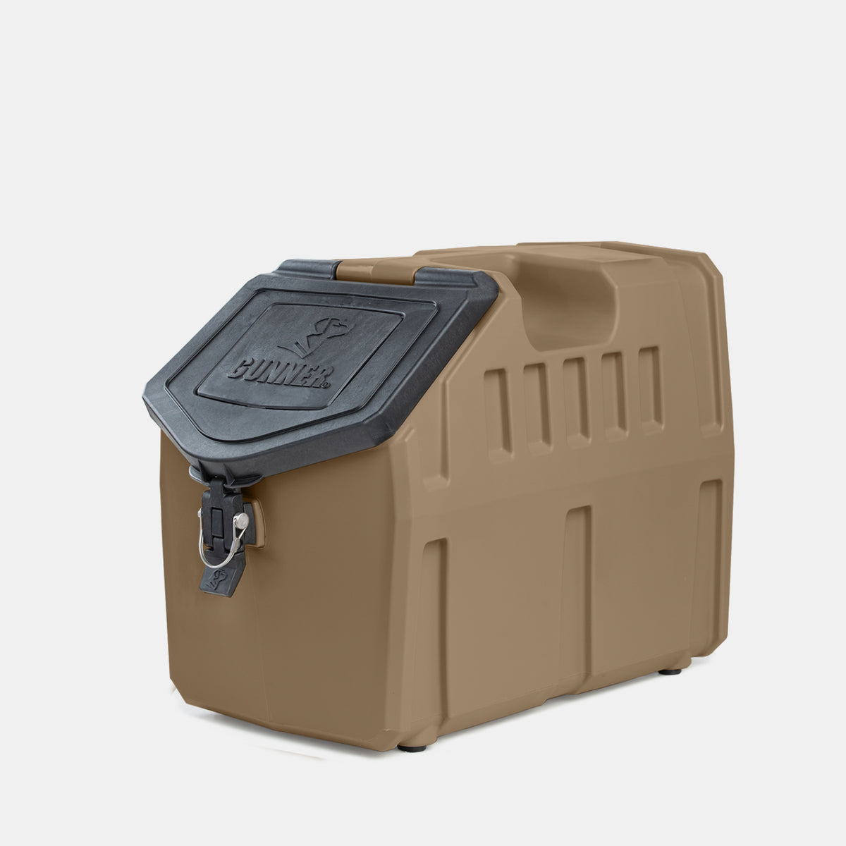 The GUNNER FOOD CRATE - Cheyenne Bottoms by GUNNER is a tan, rectangular plastic dog food storage container featuring a slanted black lid with latch closure and a molded handle, shown against a plain white background. This durable pet food container is designed to keep your dog’s food fresh and easily accessible.