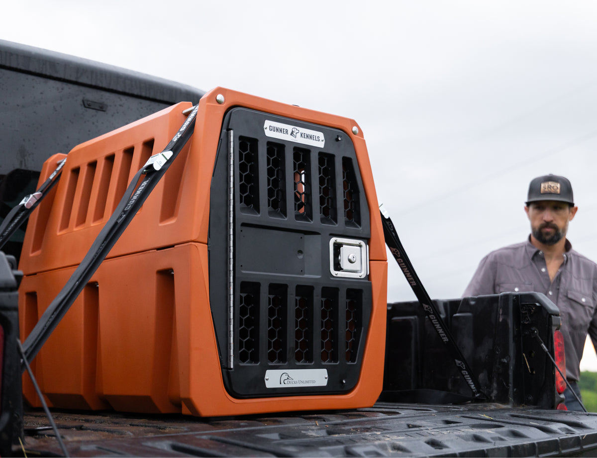 An orange dog crate is secured with straps in the bed of a pickup truck. A person wearing a hat and gray shirt stands nearby, partially visible. The sky is overcast.