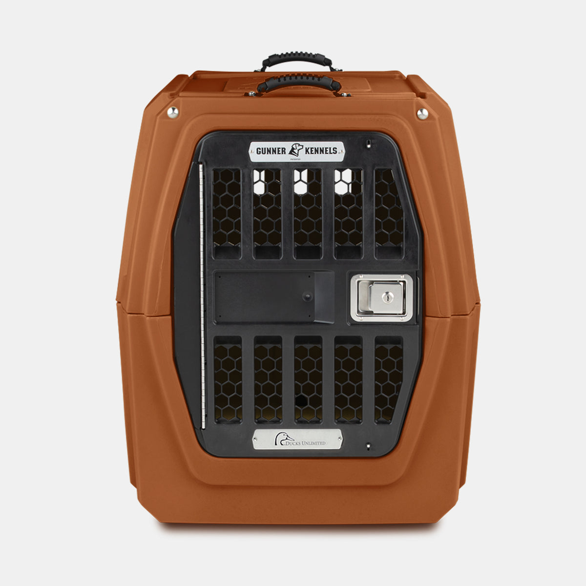 A brown hard-shell dog kennel with a black metal door and latch, ventilation holes, and a handle on top, shown against a white background—ideal for safely transporting your working or hunting dog.
