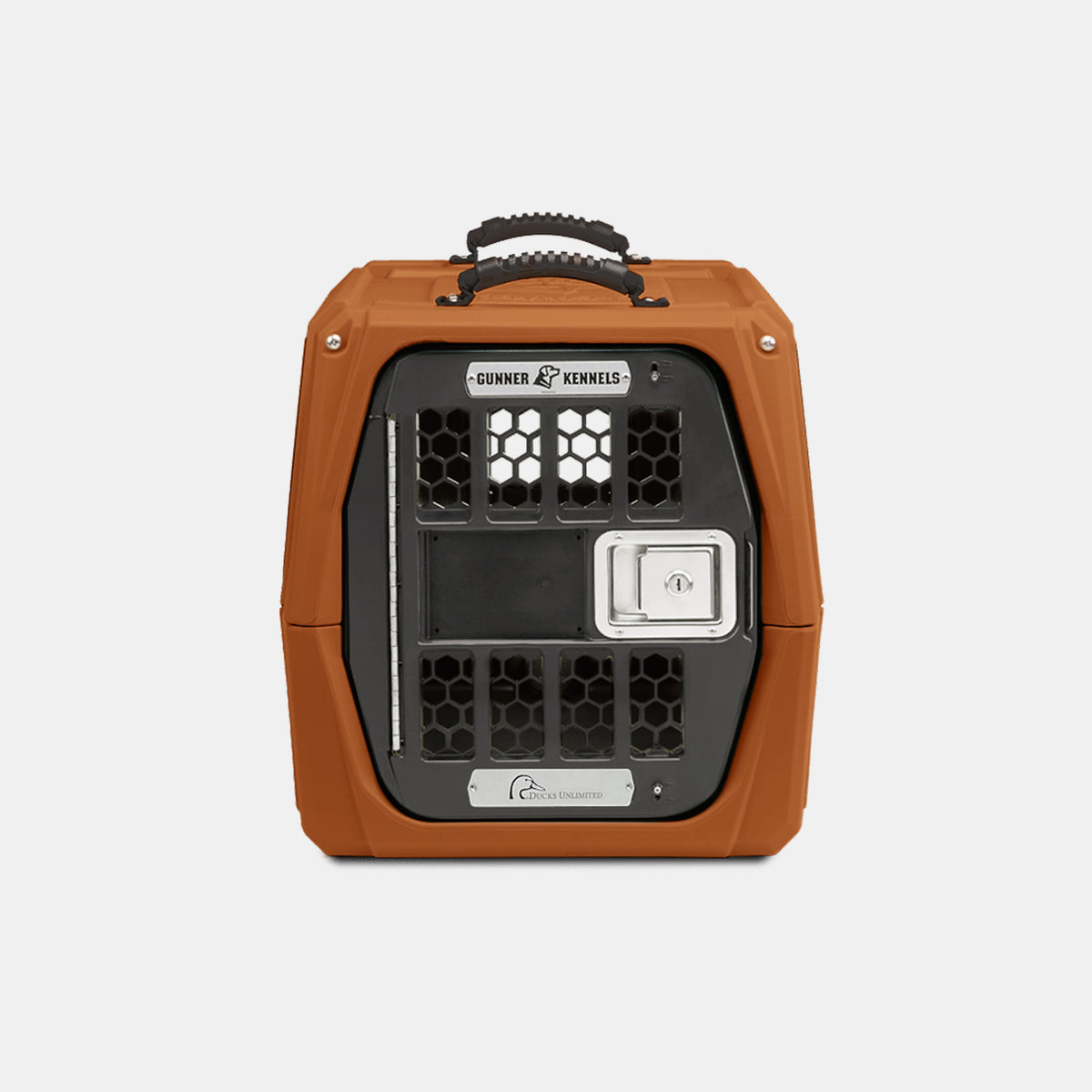 A sturdy, orange dog kennel with a black metal door, gray handle on top, and ventilation holes on the front. The door has a secure latch and labels reading GUNNER KENNELS and Crash Tested—a reliable choice for any working dog.
