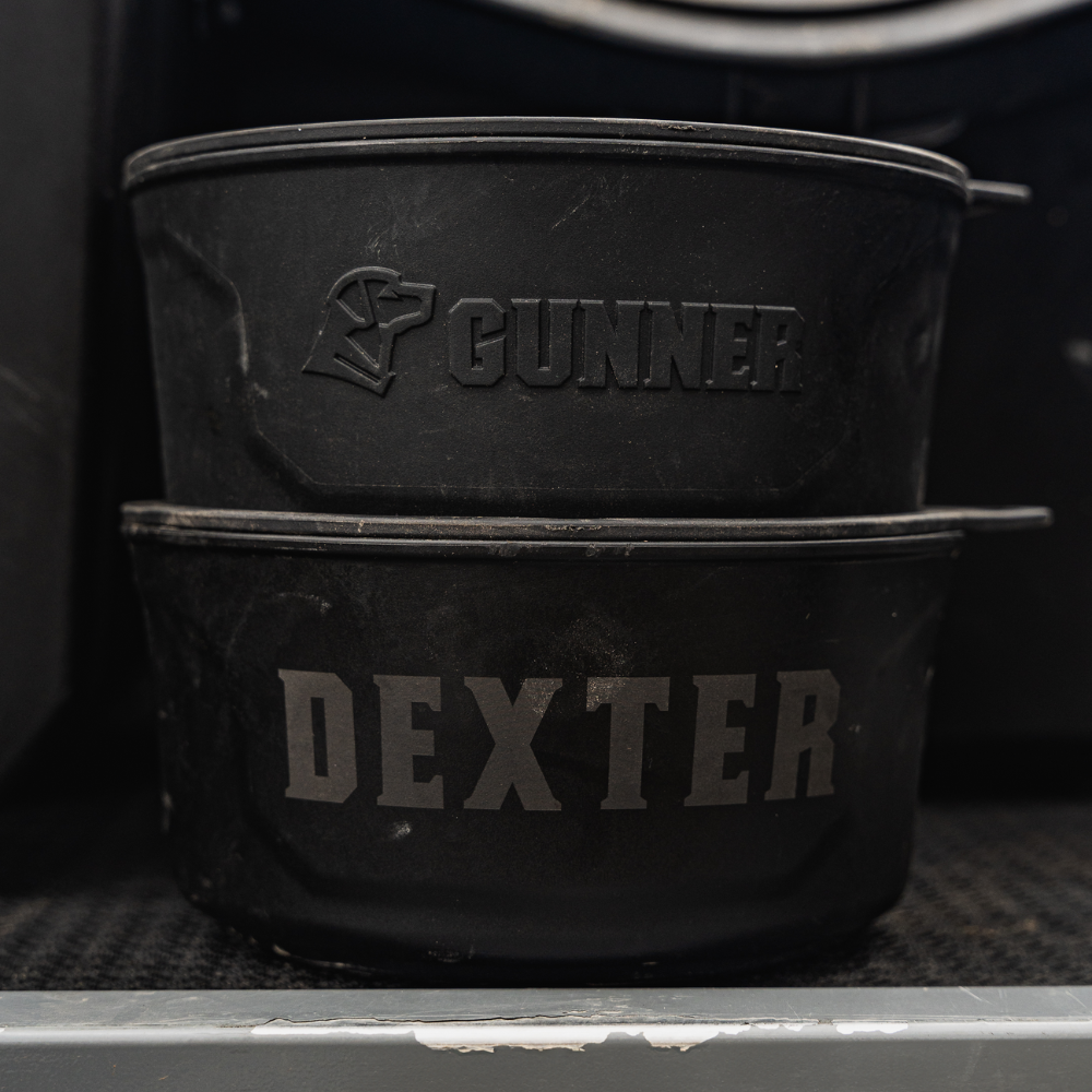 Two black pet bowls, perfect for kennel or outdoor gear setups, are stacked together. The top bowl features GUNNER with a dog logo, while the bottom displays DEXTER in bold letters. Both bowls appear slightly dusty.