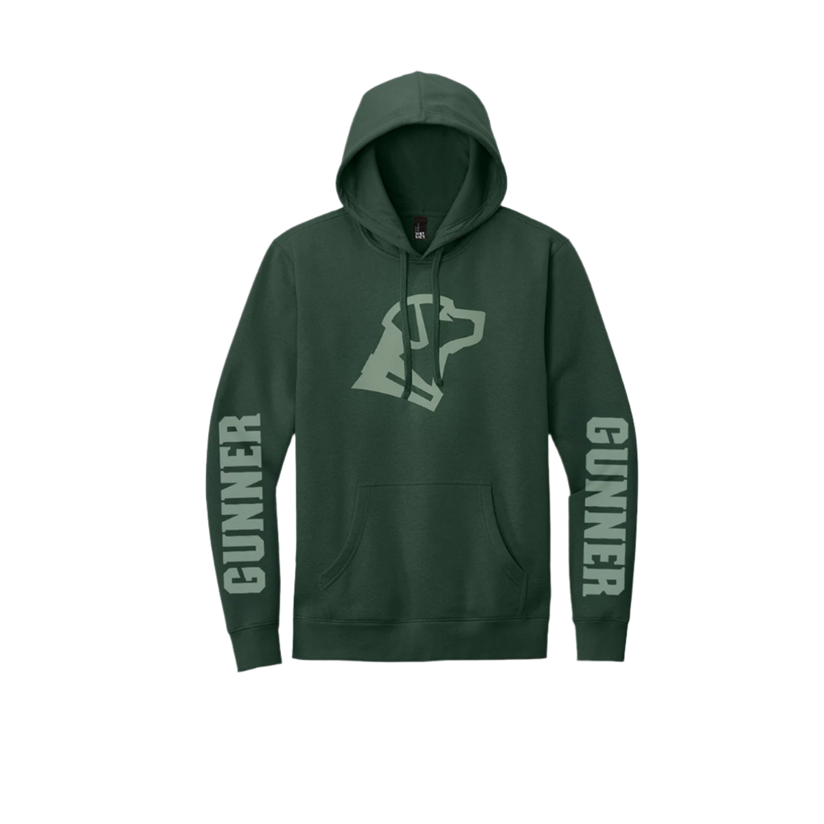 The GUNNER Dog Hoodie by GUNNER is a dark green everyday hoodie with a light green dog head graphic on the chest and GUNNER printed in bold capitals down both sleeves.