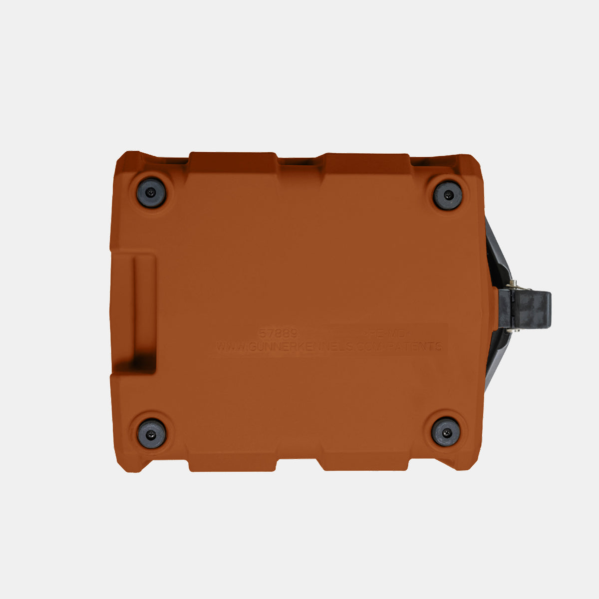 Rectangular, rugged, brown plastic case with four black corner feet, viewed from above, against a light gray background. Reminiscent of a sturdy dog kennel favored by working dogs and hunting dogs alike, a black latch is visible on the right edge.