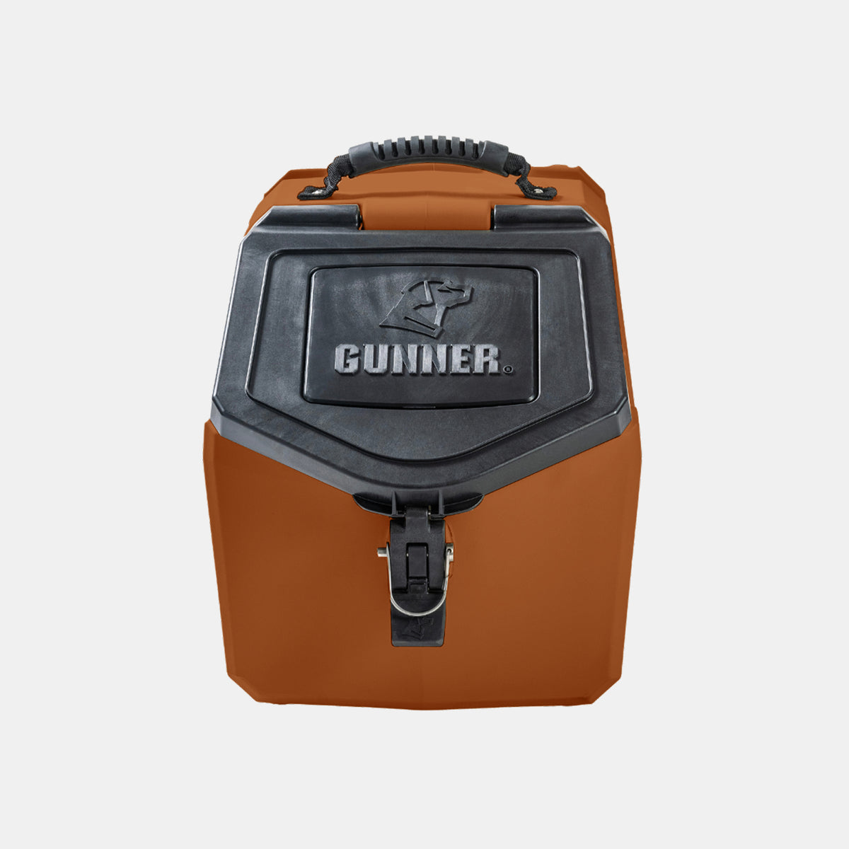 A brown and black hard-sided pet carrier with a top handle, large latch, and GUNNER logo embossed on the black lid, this rugged kennel is built for outdoor gear enthusiasts and their hunting dogs, shown against a plain white background.