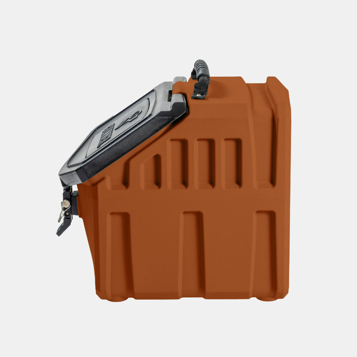 A rugged, orange hard-sided storage box with a black latch and a partially open lid, featuring vertical grooves on its sides—ideal for organizing gear in your working dog kennel or when preparing for hunting dog adventures.