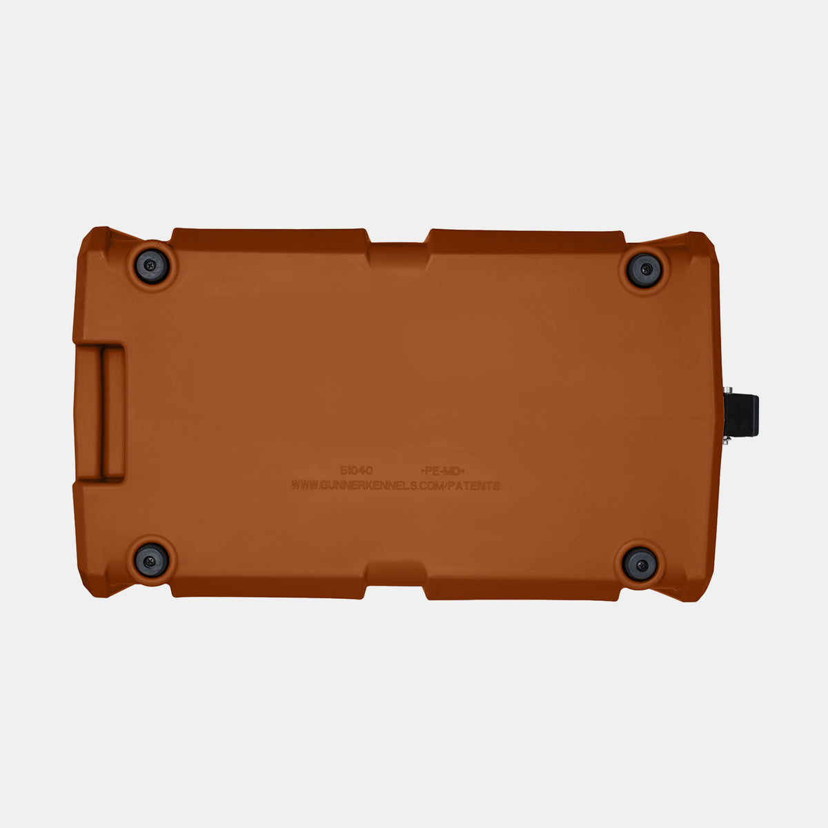 A rectangular orange plastic dog crate with four visible black screw-like corners, a handle on the left, and a small black latch on the right, ideal for transporting your hunting dog or working dog, shown against a plain light gray background.