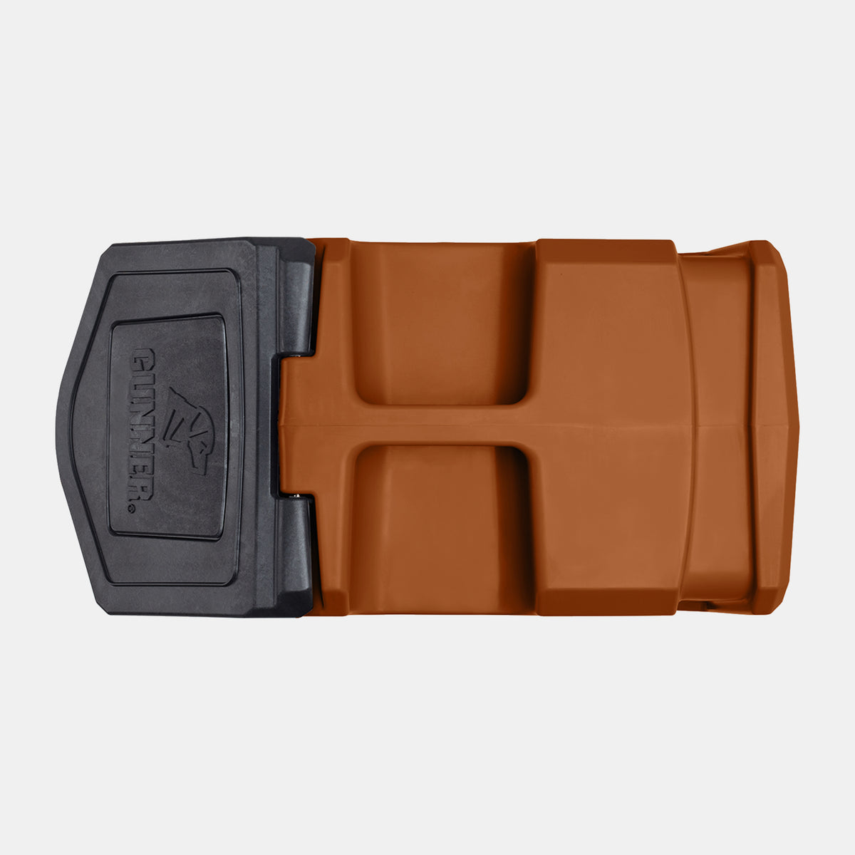 Rectangular, brown and gray plastic container with the word GUNNER and a dog logo embossed on the lid, resembling a secure storage box or protective case—ideal for keeping gear organized for your hunting dog or working dog.