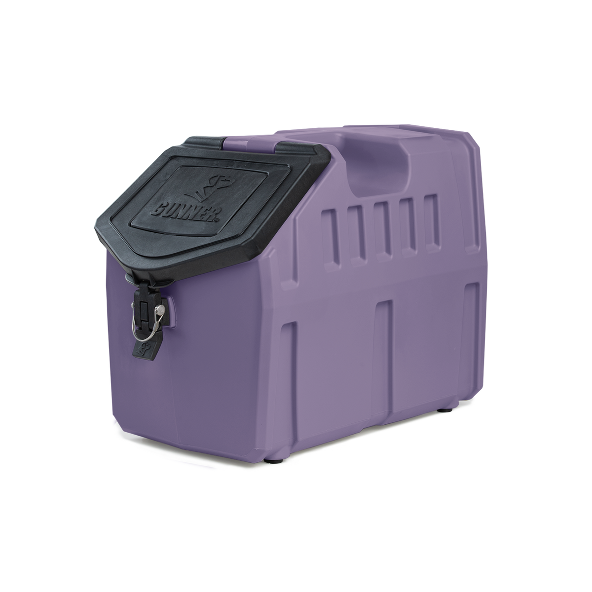 The GUNNER FOOD CRATE - DUSK by GUNNER is a purple plastic storage container with a black latch lid embossed with BUNKER, ideal for organizing essentials or storing gear, photographed against a white background.