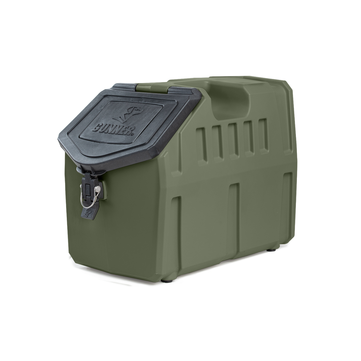 The GUNNER FOOD CRATE in GUNNER Green is a heavy-duty, American-made dog food container with a black angled lid, metal latch and lock, molded handles, airtight seal, and rugged design. Brand: GUNNER.