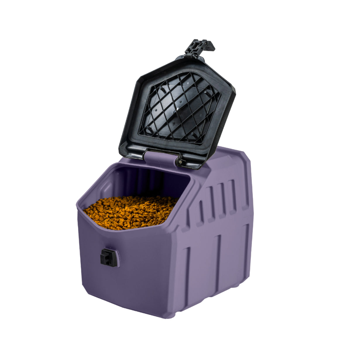 The GUNNER FOOD CRATE - DUSK by GUNNER, a purple plastic pet food storage container, sits with its black hinged lid open to reveal brown kibble inside, softly illuminated in the fading light.
