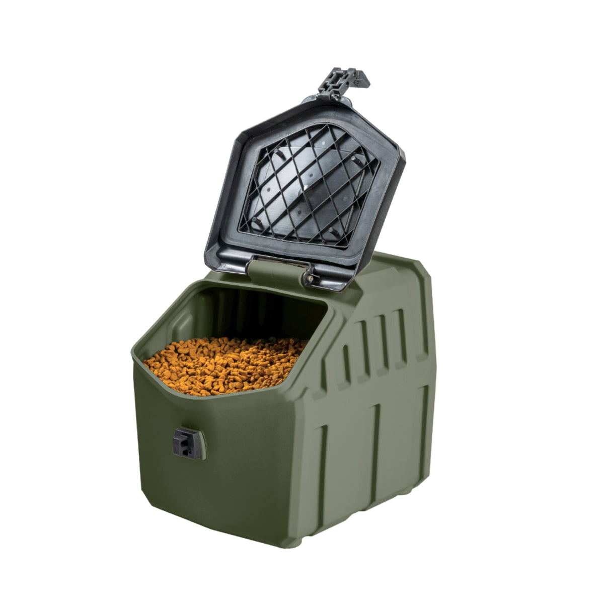 The GUNNER FOOD CRATE in GUNNER Green is a durable, American-made plastic pet food storage container with an airtight, hinged lid featuring a black grid underside, shown open to reveal dry food inside.