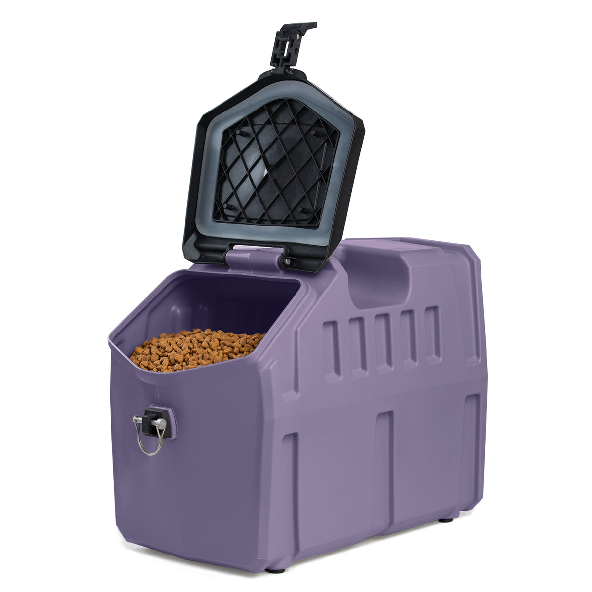 The GUNNER FOOD CRATE - DUSK is a purple plastic pet food storage container with a locking lid, ideal for feeding pets at dusk or taking kibble on park outings.