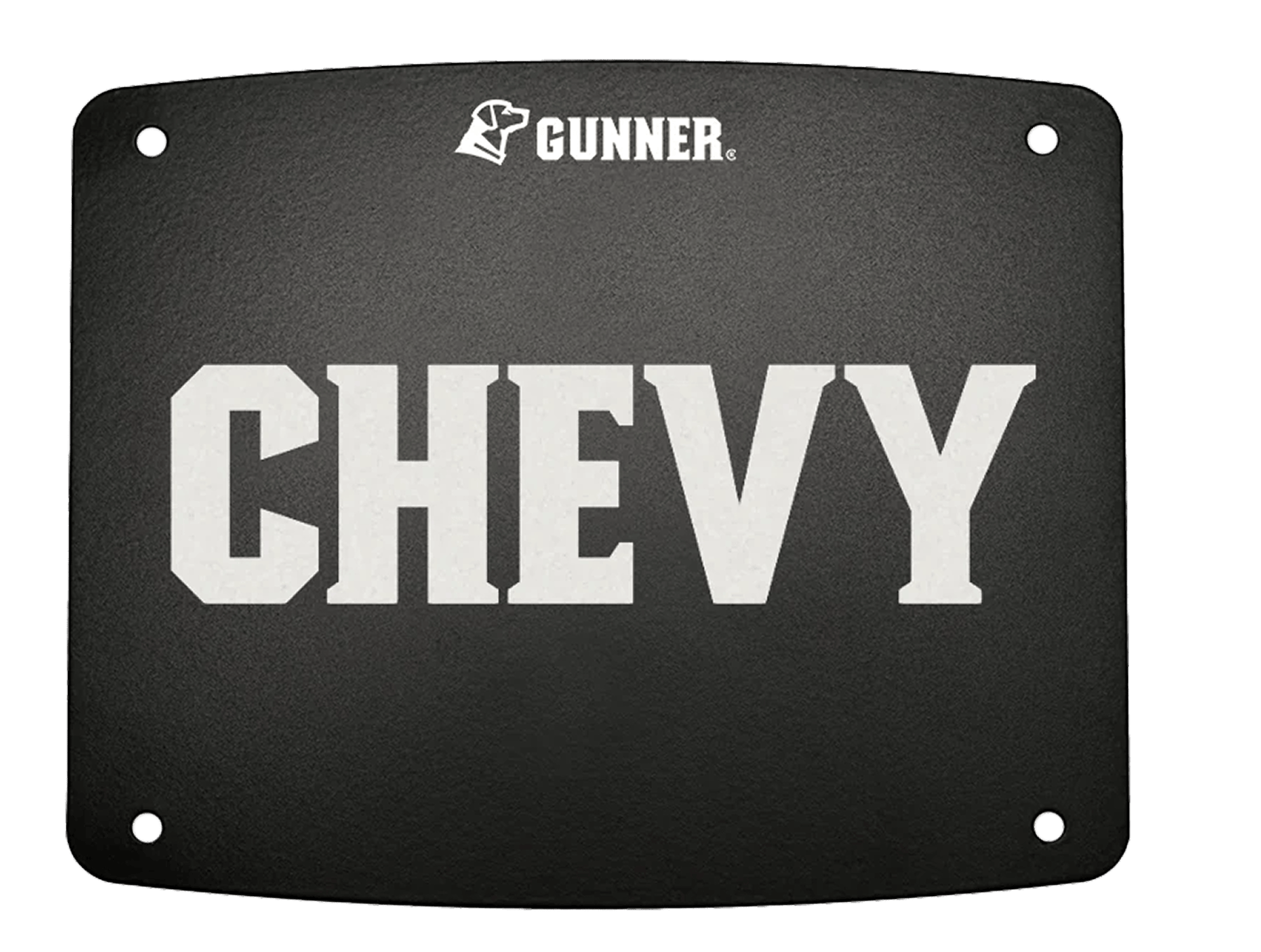 A black rectangular nameplate with rounded corners and four screw holes, featuring the word CHEVY in large white block letters and the GUNNER logo with a hunting dog icon at the top—perfect for your kennel or outdoor gear.