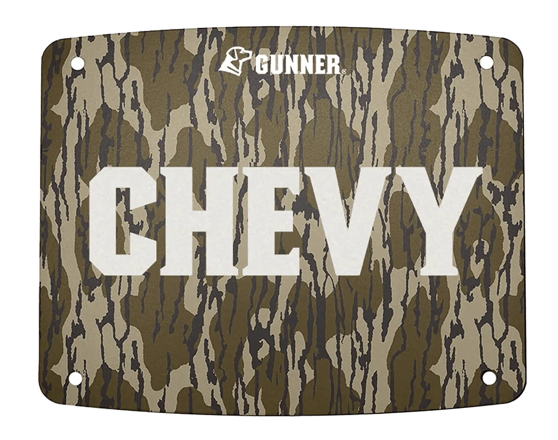 Rectangular, camouflage-patterned metal plate with GUNNER and a dog logo at the top, large bold white text CHEVY in the center. Perfect for personalizing your dog kennel or crate. Features four holes, one in each corner, for mounting.