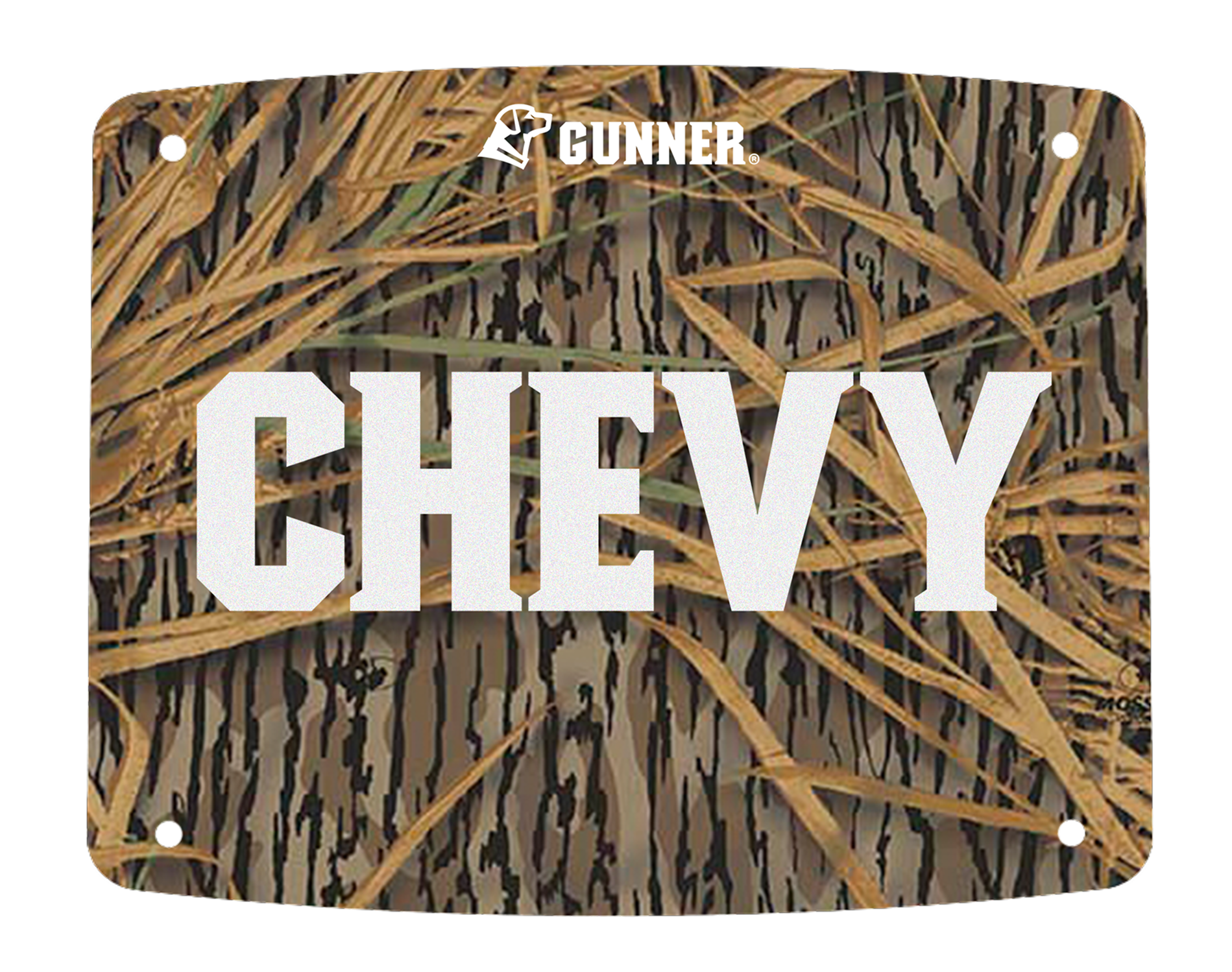A camouflage-patterned nameplate with four corner holes features bold white text reading CHEVY and GUNNER, plus a hunting dog logo above—perfect for any proud dog kennel.