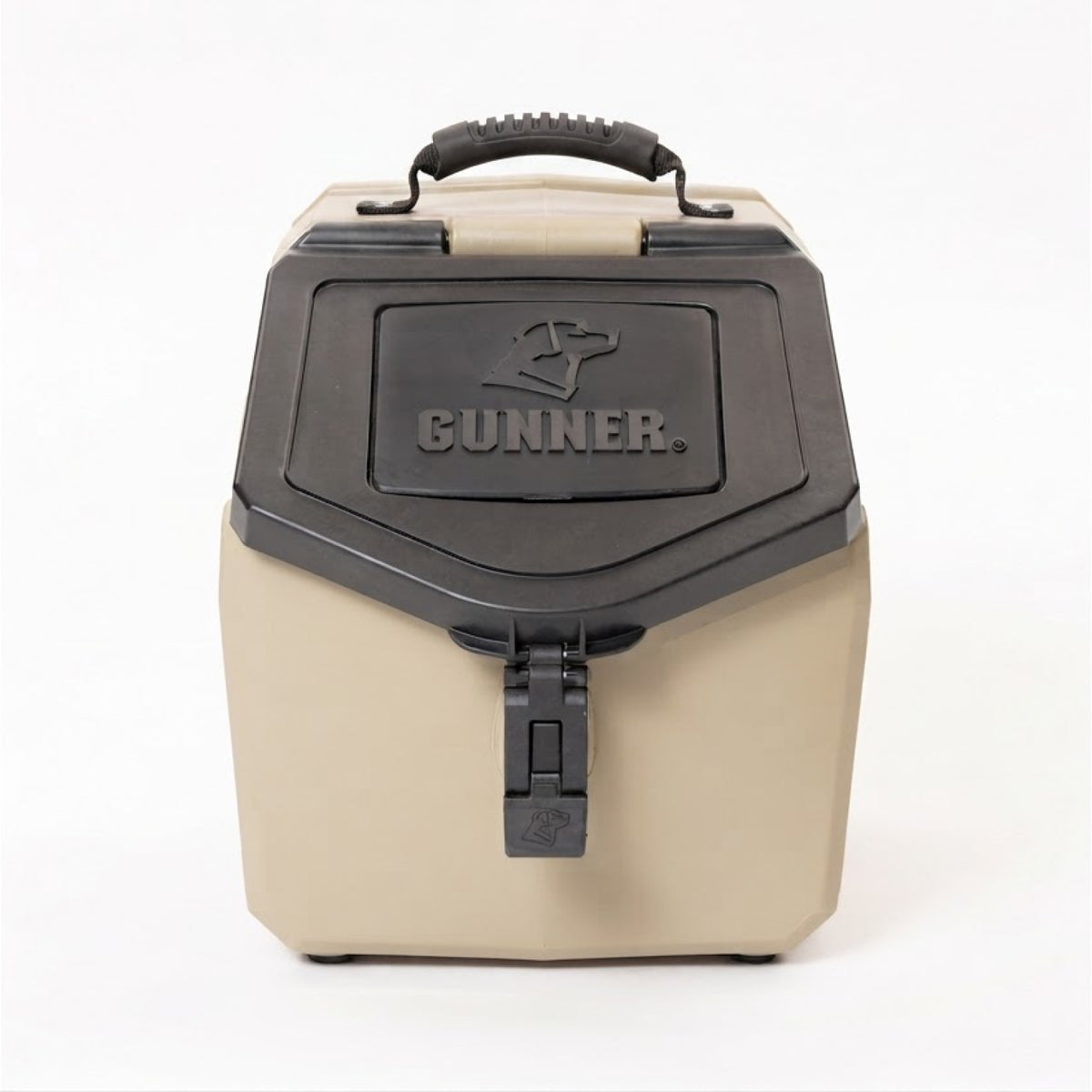 A black KENNEL HANDLE by GUNNER, inspired by the G1 Kennel and crafted from durable GUNNER-Grade materials, features a sturdy, ridged rubber grip and latch for convenience. The design showcases the embossed GUNNER name and dog logo on the front.