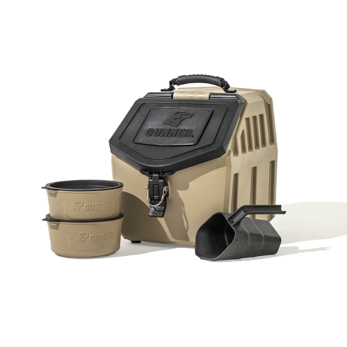 The GUNNER Food & Water Bundle features a tan and black crate with a secure latch, two stacked matching dog bowls, and a black scoop—providing an organized feeding system against a white background.