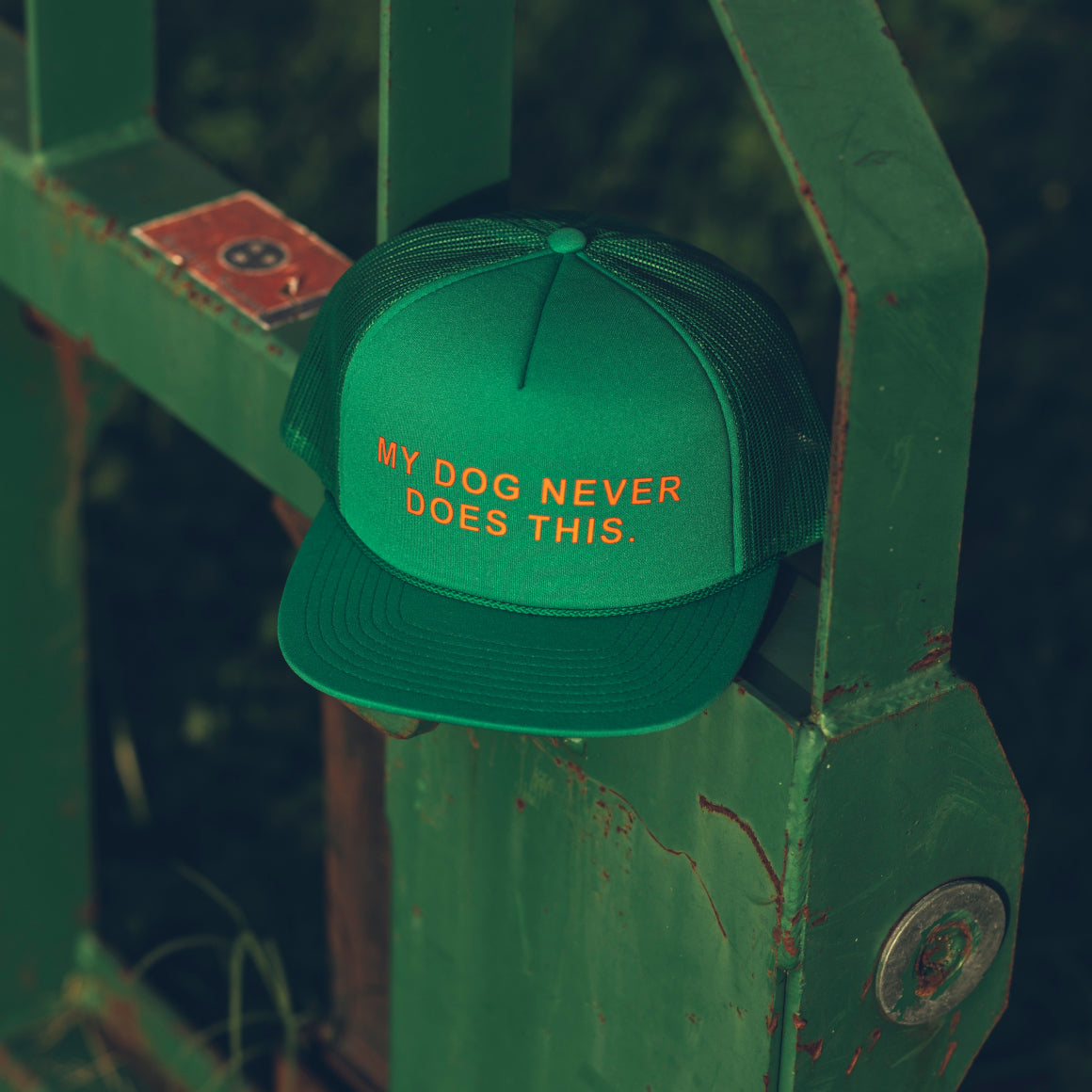The NEVER DOES THIS TRUCKER by GUNNER, a green hat with blaze orange MY DOG NEVER DOES THIS. lettering, sits on a green metal fence.
