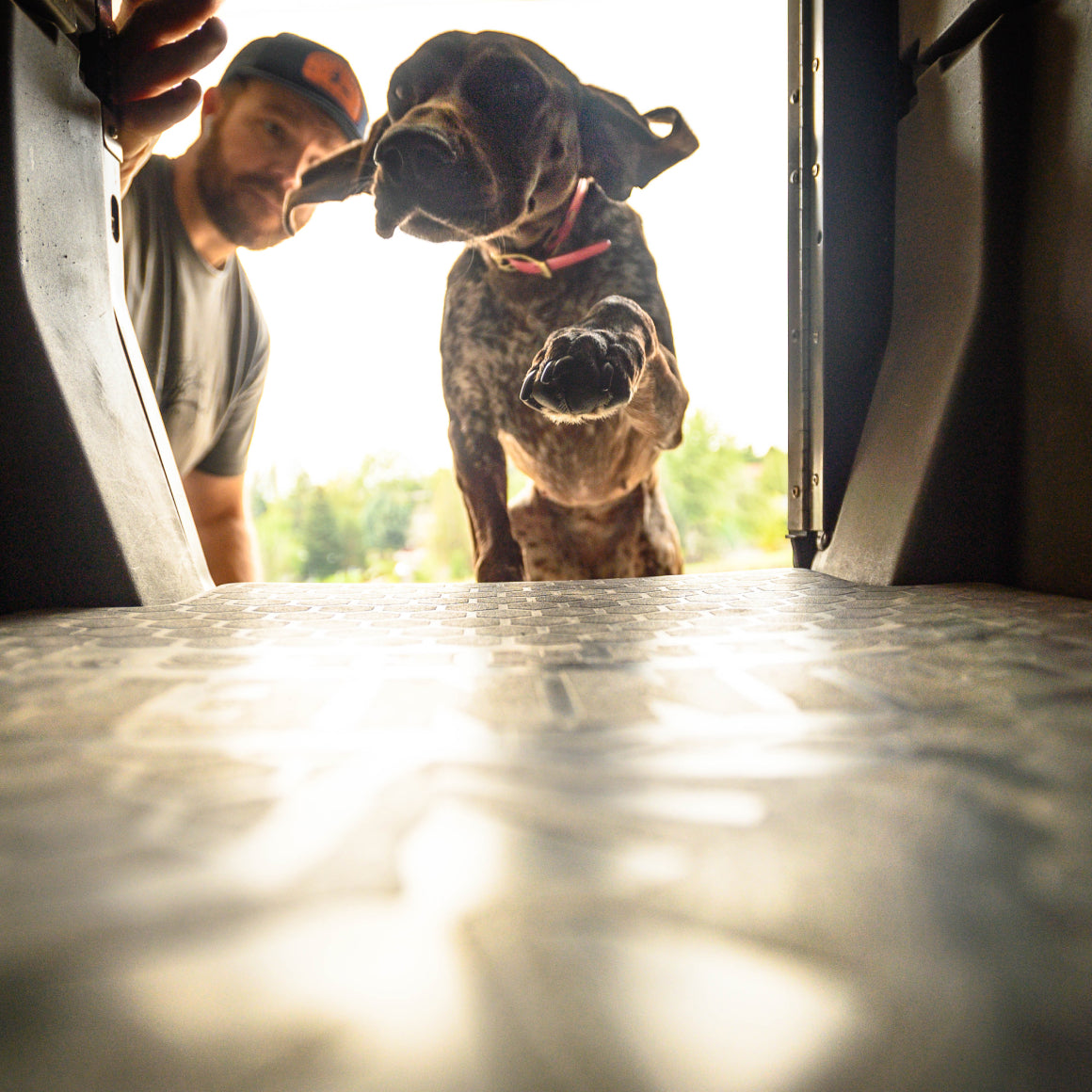 A dog leaps into a vehicle, paw raised over a GUNNER PERFORMANCE PAD inside a sporting dog crate, as sunlight shines in and a man in a cap watches from outside, seen from a low angle within the car.