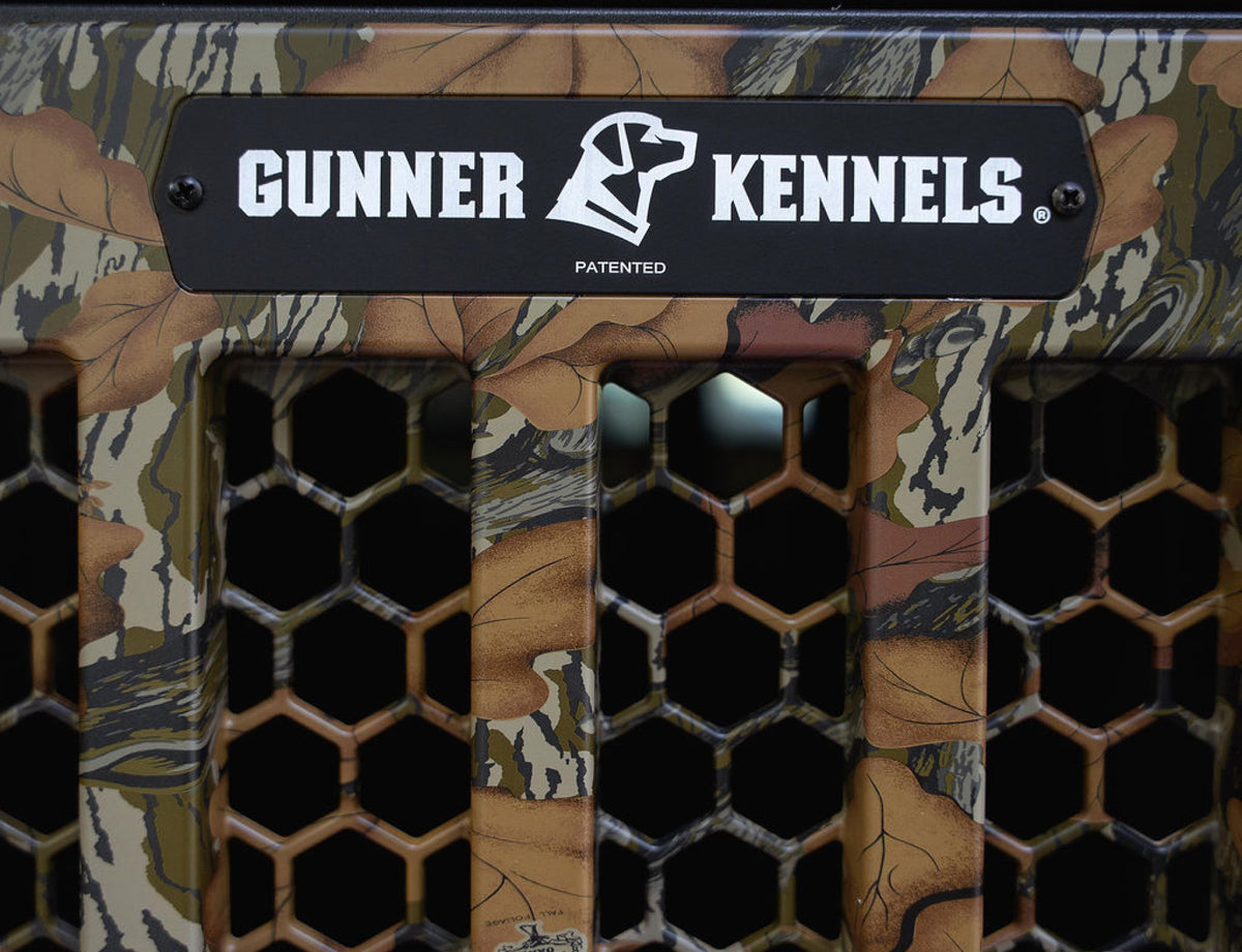 A close-up of the GUNNER G1™ KENNEL DOOR in Mossy Oak Fall Foliage, with black metal hexagonal mesh and a branded dog silhouette—ideal for upgrading or replacing your kennel door.