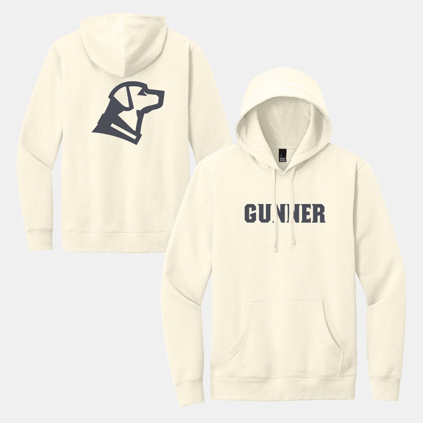 Cream-colored hoodie with GUNNER in bold, uppercase letters on the front and a minimalist graphic of a hunting dogs head in profile on the back. Both designs are in dark gray, perfect for fans of quality outdoor gear.