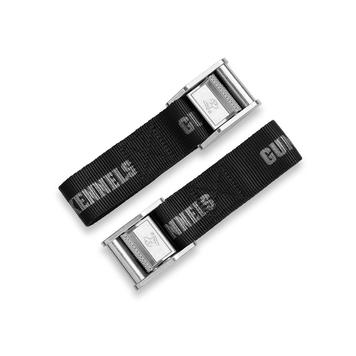 The GUNNER CONNECTION STRAP KIT features two black woven straps with silver metal buckles and “CANNES” and “GU” in white, displayed diagonally on a solid black background—perfect for securing your kennel with the GUNNER Connection Kit.