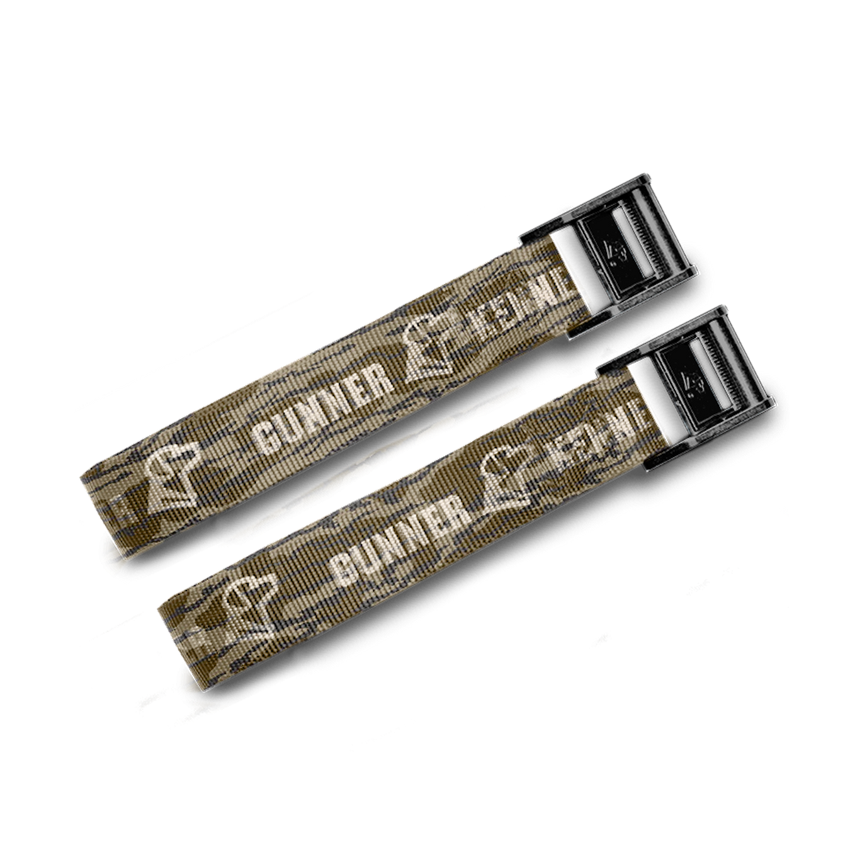 Two camouflage-patterned straps with metal buckles from the GUNNER CONNECTION STRAP KIT feature “GUNNER” and an outline of a dog’s head—perfect as kennel tie-downs or crash-tested straps. Shown on a plain white background.