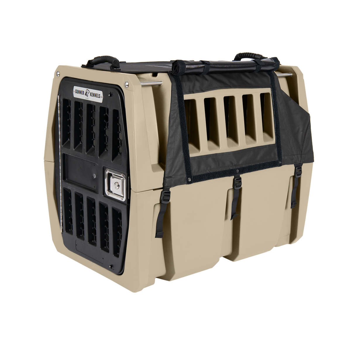 A beige plastic GUNNER pet crate, featuring black metal ventilation slats, a secure front-door lock, and black handles on top, is partially covered by the ALL-WEATHER KIT 2.0 BLACK—a waterproof dog kennel cover with UV protection that provides an all-weather comfort solution for your pet.