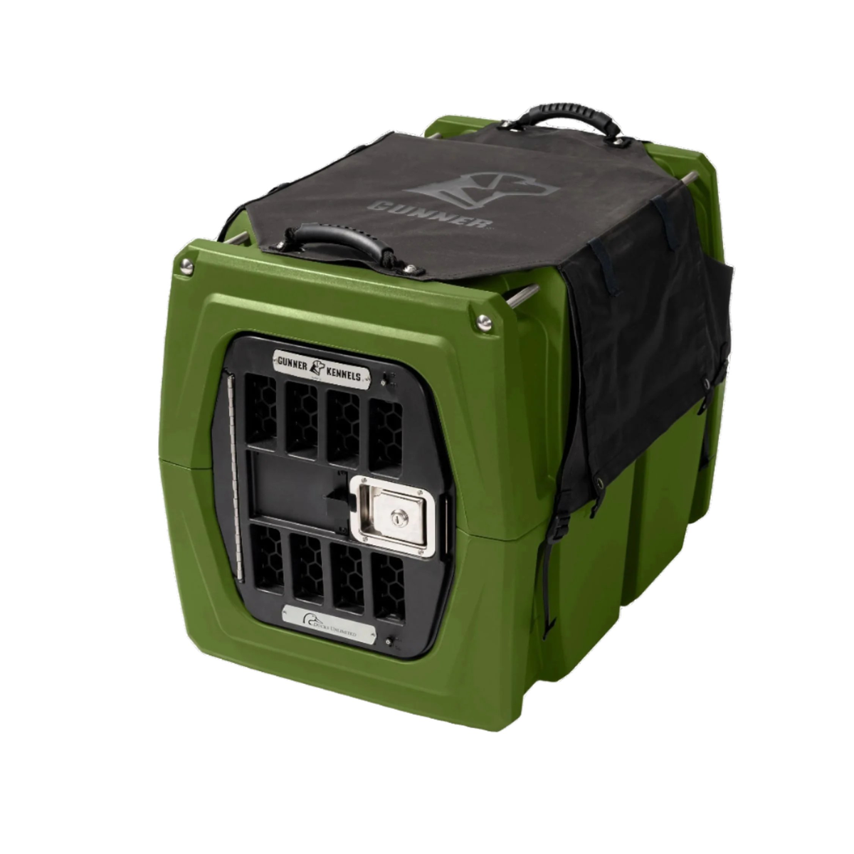 A green, hard-shell GUNNER pet crate equipped with the ALL-WEATHER KIT 2.0 BLACK features a black metal door, a black waterproof dog kennel cover with UV protection, and sturdy handles for safe animal transport. The crate is labeled “GUNNER” on both the side and front.