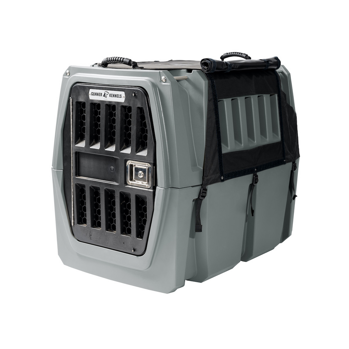 A gray plastic pet crate from GUNNER features a ventilated black metal door, side air holes for airflow, sturdy handles, and a secure front latch—ideal for transporting or housing animals. For enhanced UV protection during outdoor use, pair it with the GUNNER ALL-WEATHER KIT 2.0 BLACK or a waterproof dog kennel cover.