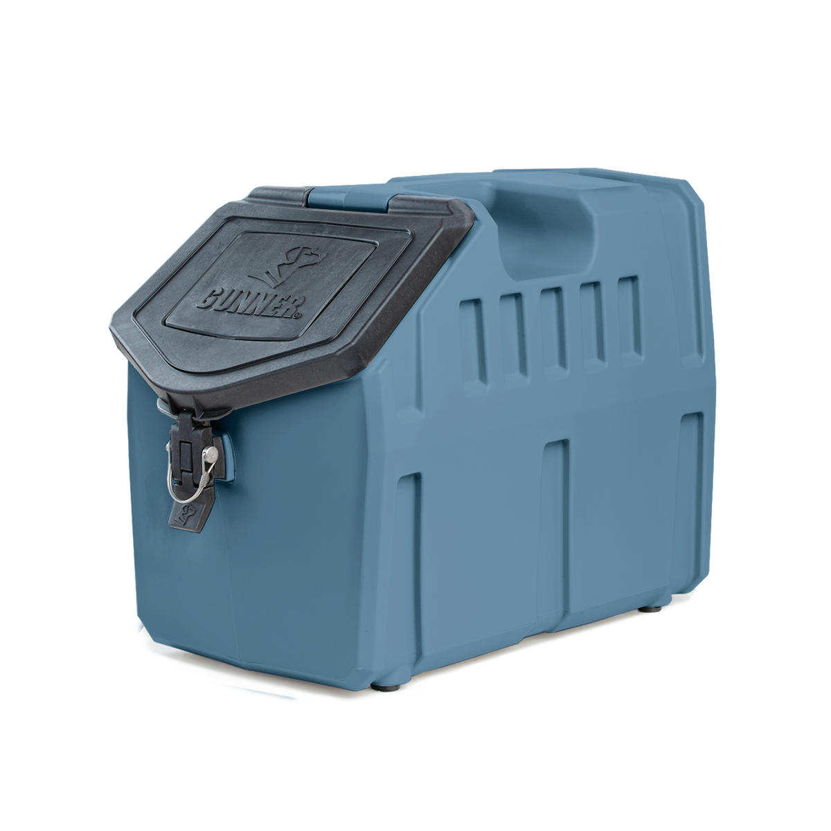The GUNNER FOOD CRATE - Ducks Unlimited Blue by GUNNER is a durable blue dog food container with an airtight black locking lid, ridged sides, and GUNNER embossed on the front of the lid.