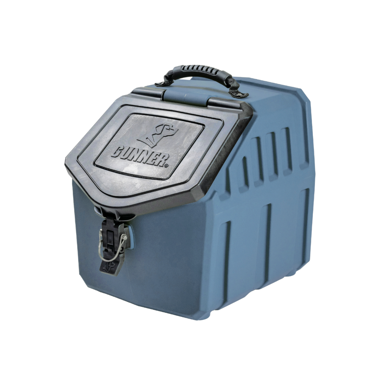 The GUNNER FOOD CRATE - Ducks Unlimited Blue is a durable, blue and black dog food container with a top handle, front lockable latch, and the GUNNER name plus dog logo embossed on its waterproof, airtight lid.