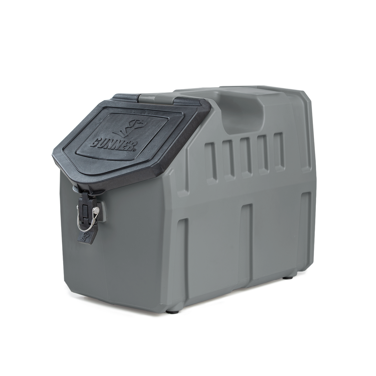 The GUNNER FOOD CRATE - GUNMETAL is a large, sturdy gray waterproof dog food container with molded handles, a black hinged lid with metal latch, and the GUNNER brand embossed on top, shown against a white background.