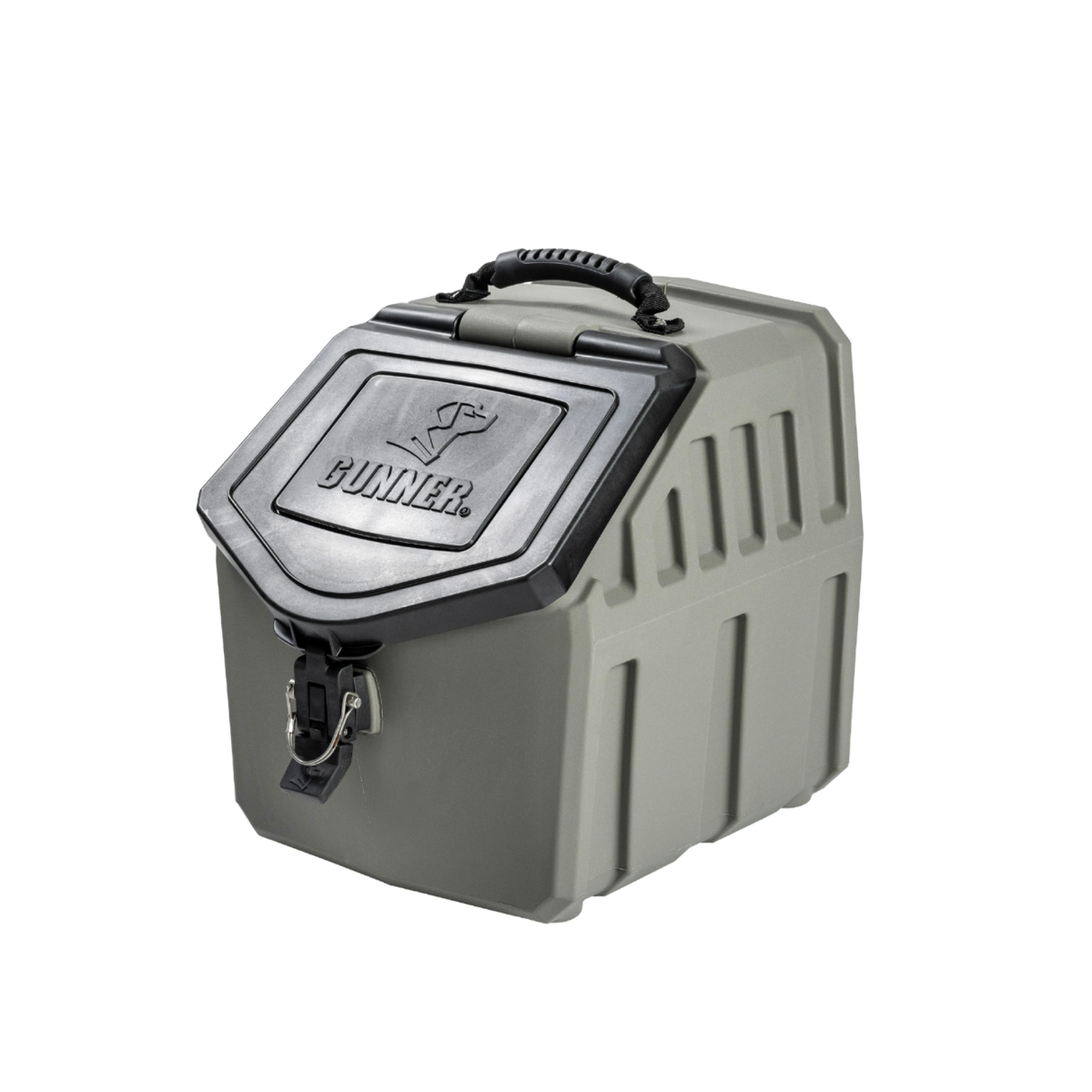 The GUNNER FOOD CRATE - GUNMETAL by GUNNER is a durable gray and black waterproof dog food container with a secure latch, handle, and embossed logo on the lid—designed to keep kibble fresh and protected.