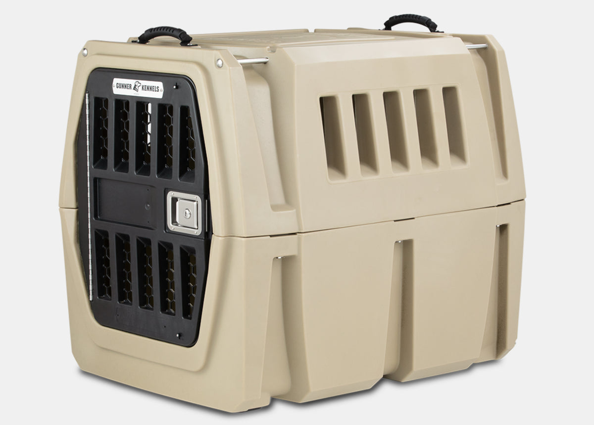 A beige, hard-sided plastic kennel with vents on the sides and a black, grated front door. The crate features two handles on top and a secure latch, making it perfect outdoor gear for safely transporting your hunting dog.