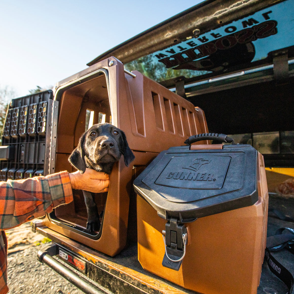 A person in a plaid shirt gently places a black puppy inside a brown GUNNER G1™ KENNEL - SUSQUEHANNA in the back of a vehicle, sunlight highlighting the scene and subtle Flyway colors visible.