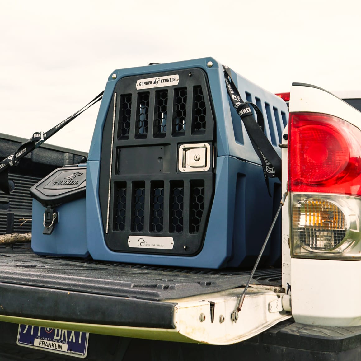 A GUNNER G1™ KENNEL - Ducks Unlimited Blue is strapped into the open bed of a white pickup with its tailgate down and a toolbox visible—ideal for trips to Ducks Unlimited waterfowl habitats.