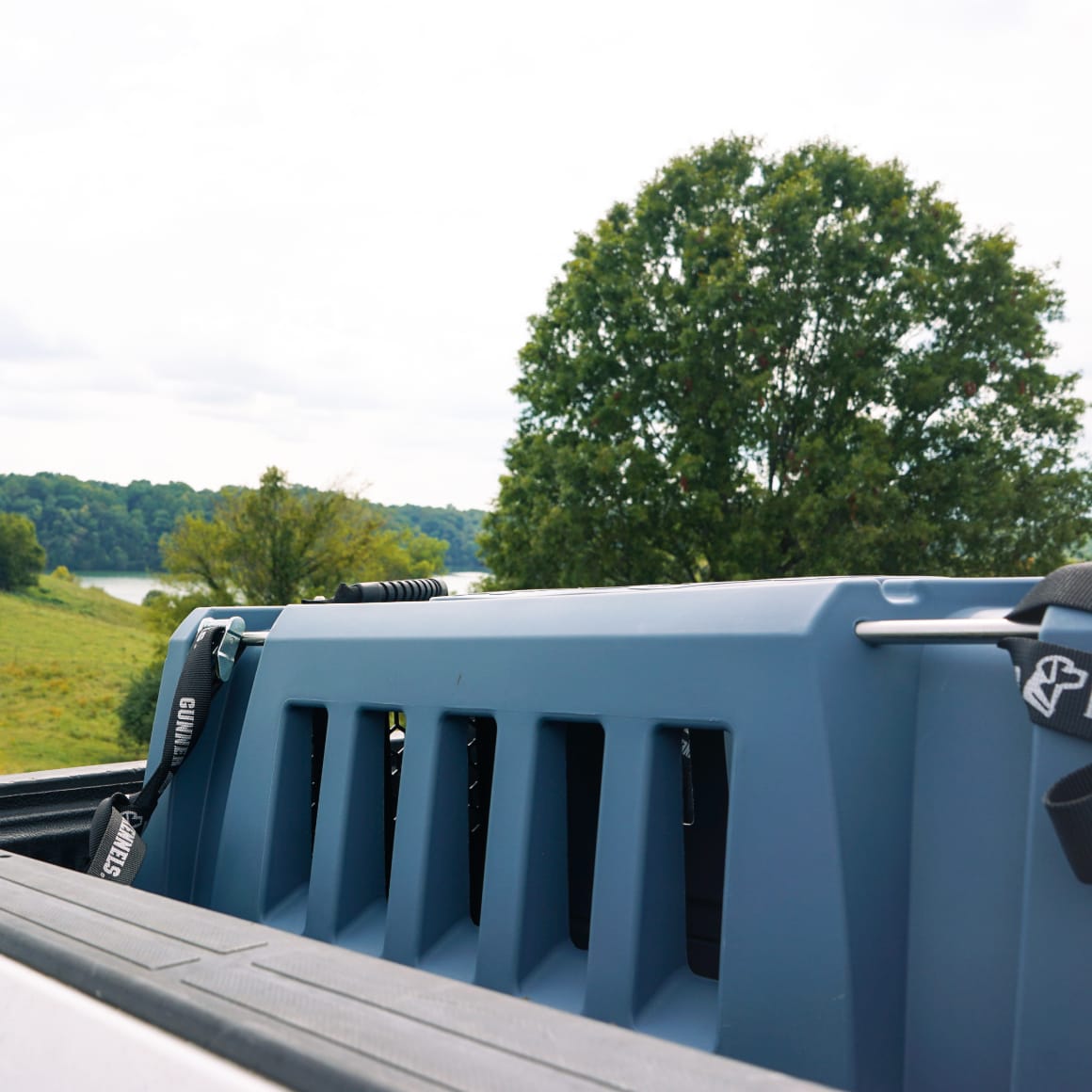 A GUNNER G1™ KENNEL - Ducks Unlimited Blue is secured in the bed of a pickup truck parked outdoors near grassy fields and waterfowl habitats under a cloudy sky.